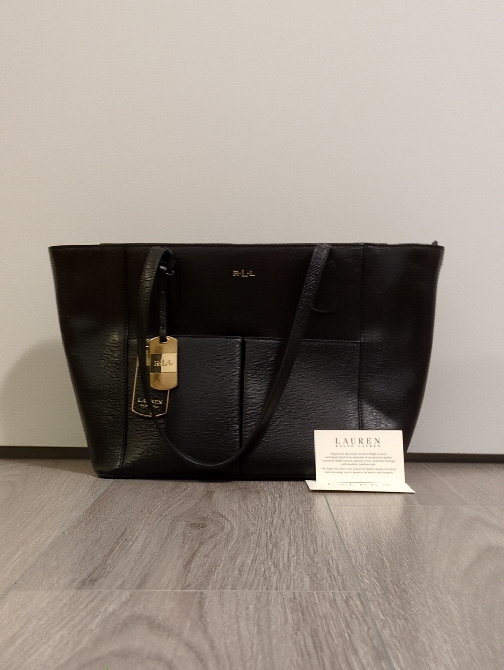 Lauren Ralph Lauren Newbury Pocket Shopper Black Leather Tote with Gold Hardware